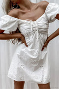 White Lace Embroidery V-neck Cotton Wrist Mini Boho Dress image 1