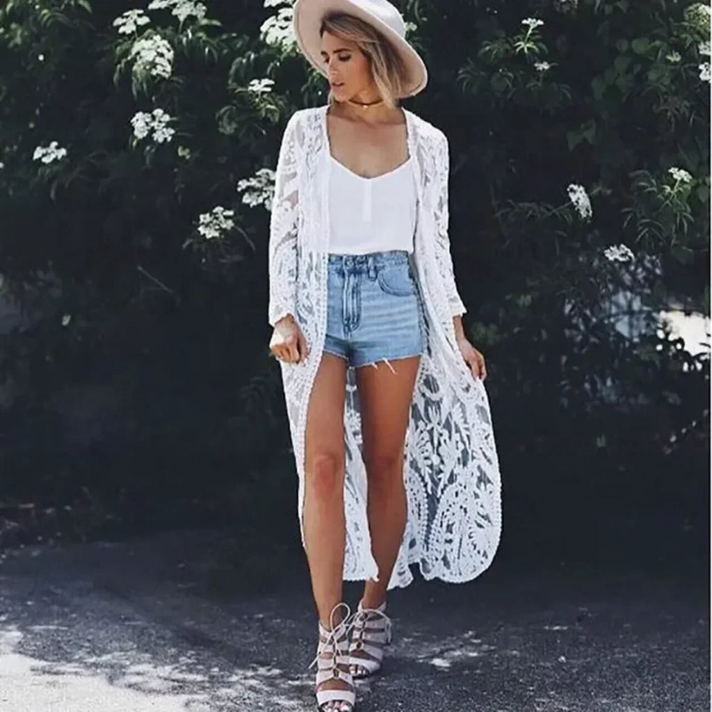 White Lace Kimono Boho Bikini Cover up image 5
