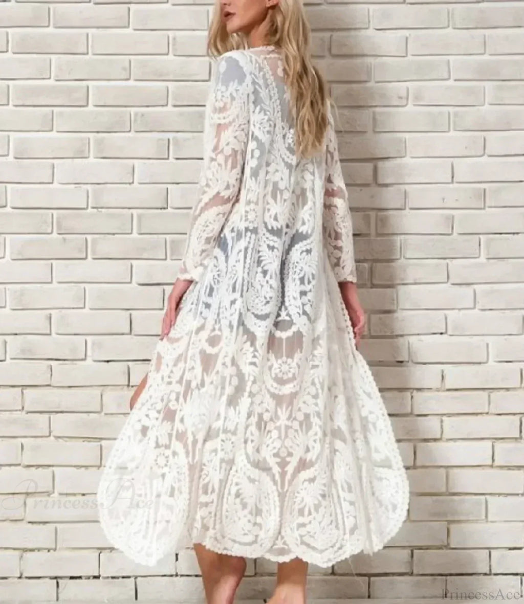 White Lace Kimono Boho Bikini Cover up image 4