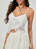 White Lace Spaghetti Strap Wrap Hem Slip Camisole Top image 1