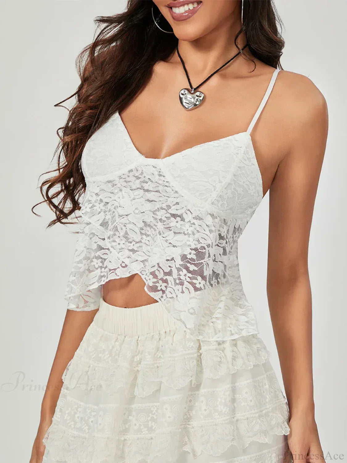 White Lace Spaghetti Strap Wrap Hem Slip Camisole Top image 1