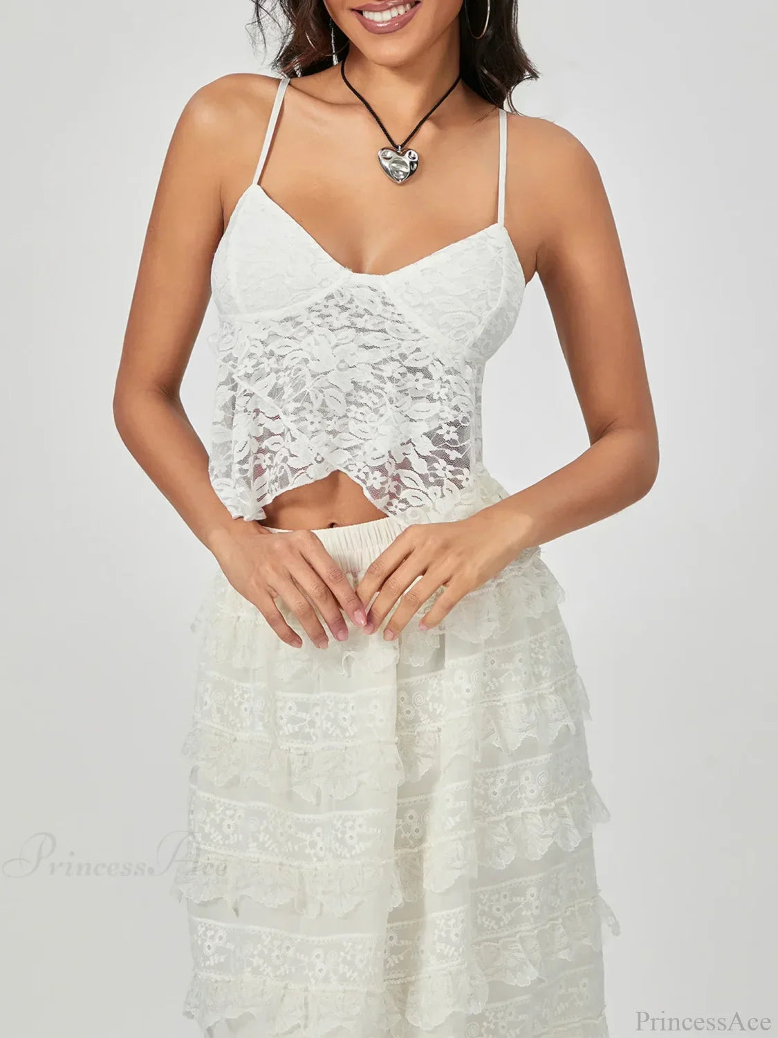 White Lace Spaghetti Strap Wrap Hem Slip Camisole Top image 5