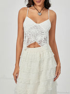 White Lace Spaghetti Strap Wrap Hem Slip Camisole Top image 4