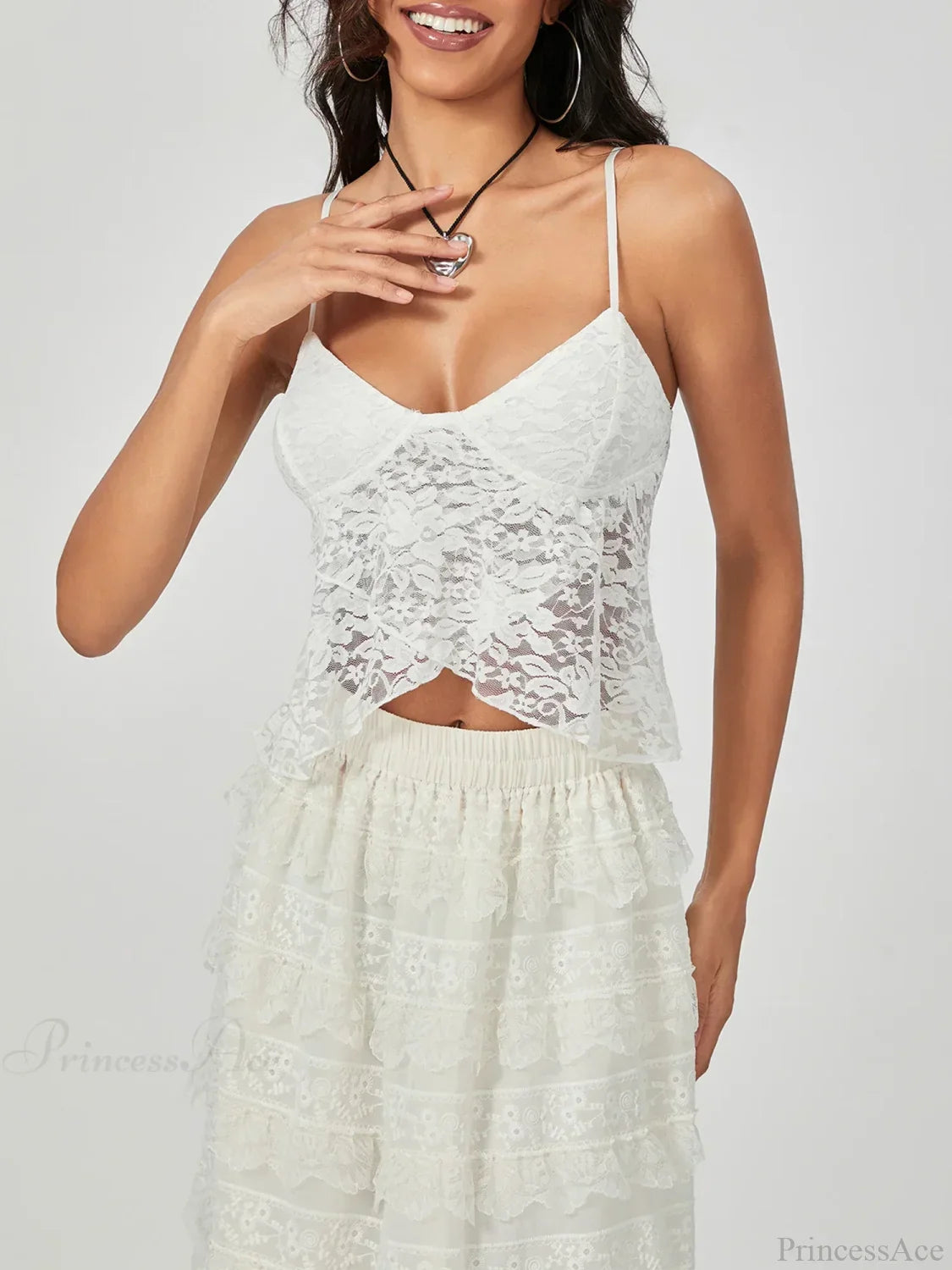 White Lace Spaghetti Strap Wrap Hem Slip Camisole Top image 6