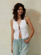 White Lace Tie-front V-neck Slim Sleeveless Crop Top image 6