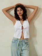 White Lace Tie-front V-neck Slim Sleeveless Crop Top image 5