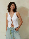 White Lace Tie-front V-neck Slim Sleeveless Crop Top image 1
