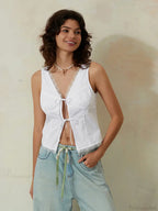 White Lace Tie-front V-neck Slim Sleeveless Crop Top image 1