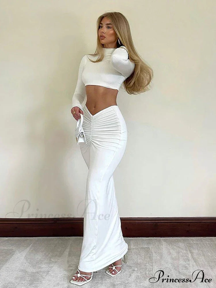 White Long Sleeve Ruched Top Maxi Dress image 3