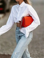 White Long Sleeve Turn Down Collar Cropped Blouse image 2