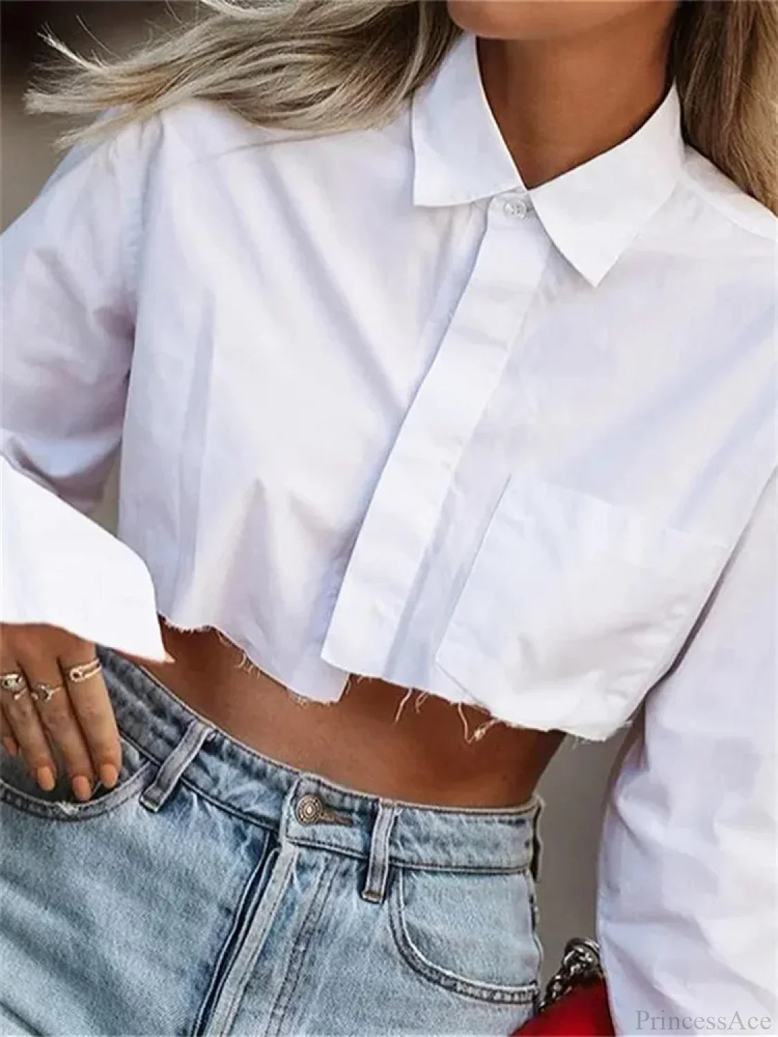White Long Sleeve Turn Down Collar Cropped Blouse image 1