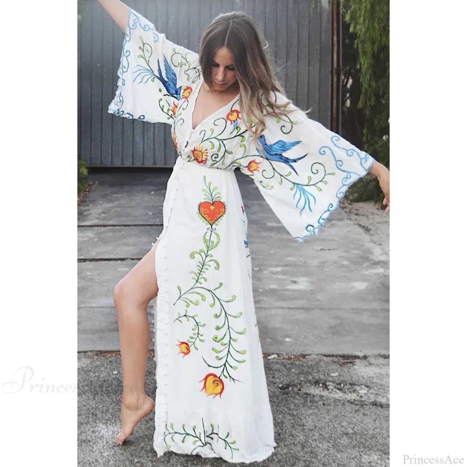 White Maxi Dress Cotton Floral Embroidery Sexy V-neck Beach Dress image 1