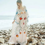 White Maxi Dress Cotton Floral Embroidery Sexy V-neck Beach Dress image 2