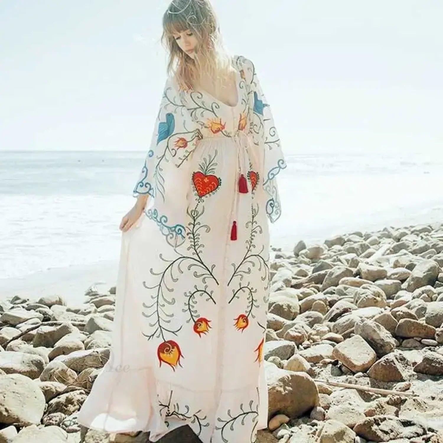White Maxi Dress Cotton Floral Embroidery Sexy V-neck Beach Dress image 2
