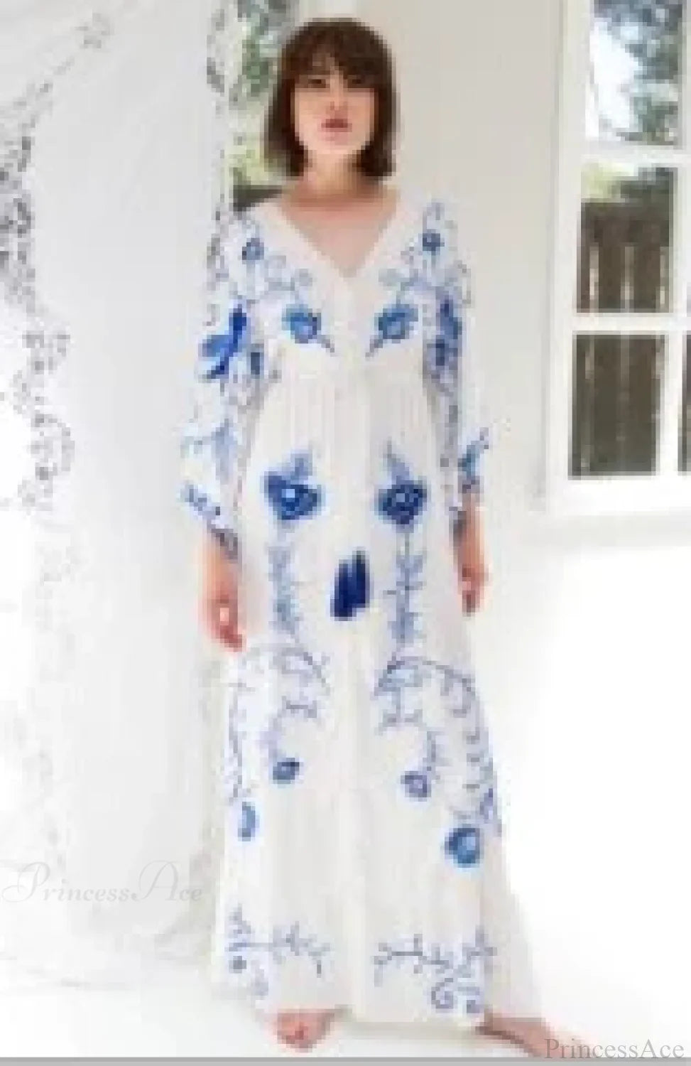 White Maxi Dress Cotton Floral Embroidery Sexy V-neck Beach Dress image 8