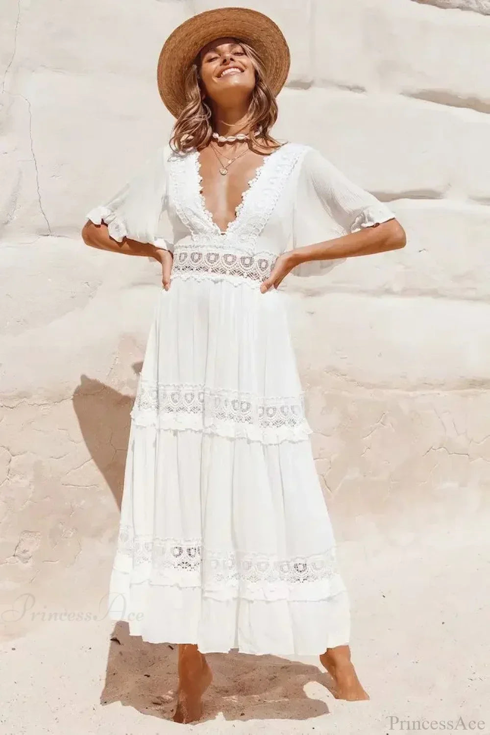White Maxi Dress Hollow Waist Deep V-neck Dress image 3