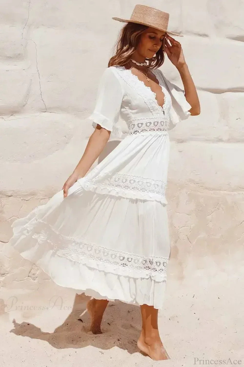 White Maxi Dress Hollow Waist Deep V-neck Dress image 2