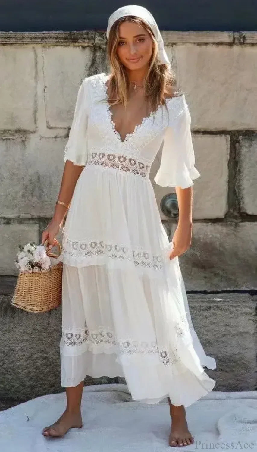 White Maxi Dress Hollow Waist Deep V-neck Dress image 4