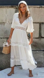 White Maxi Dress Hollow Waist Deep V-neck Dress image 4
