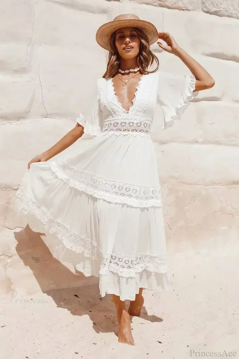 White Maxi Dress Hollow Waist Deep V-neck Dress image 1