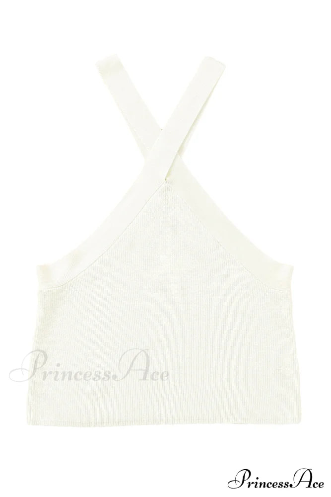 White Neck Knit Ribbed Halter Tank Cross Criss Top image 12