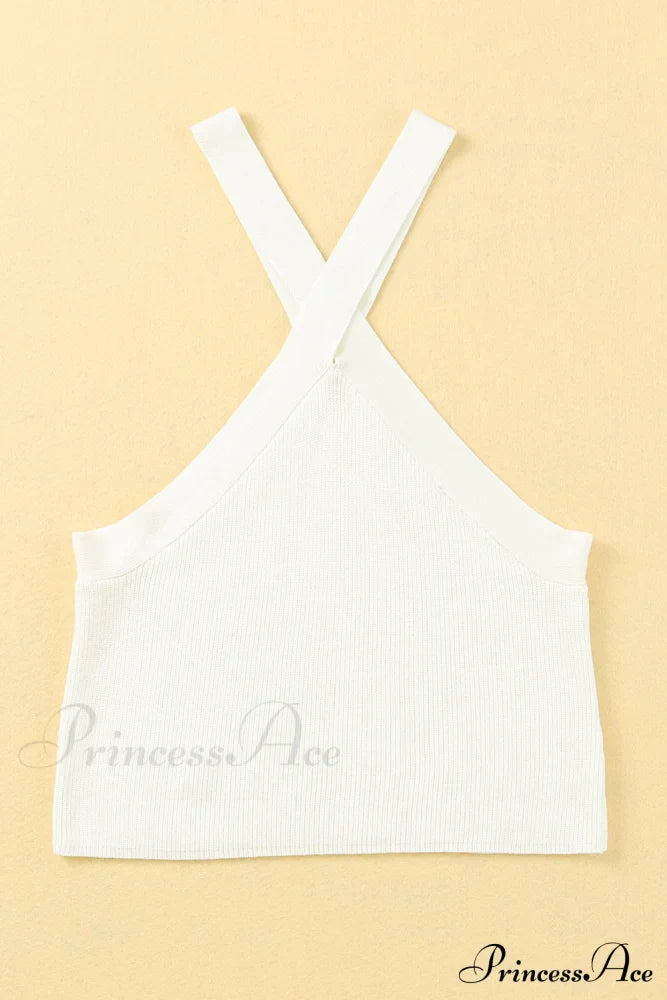 White Neck Knit Ribbed Halter Tank Cross Criss Top image 11