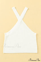 White Neck Knit Ribbed Halter Tank Cross Criss Top image 11