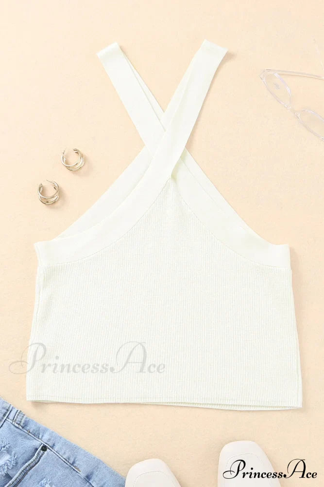 White Neck Knit Ribbed Halter Tank Cross Criss Top image 5