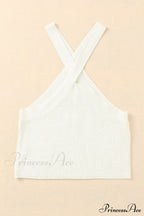 White Neck Knit Ribbed Halter Tank Cross Criss Top image 6