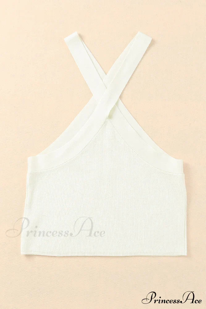 White Neck Knit Ribbed Halter Tank Cross Criss Top image 6