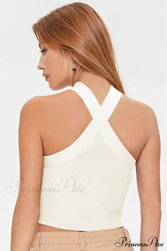 White Neck Knit Ribbed Halter Tank Cross Criss Top image 2