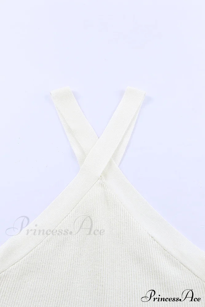 White Neck Knit Ribbed Halter Tank Cross Criss Top image 9