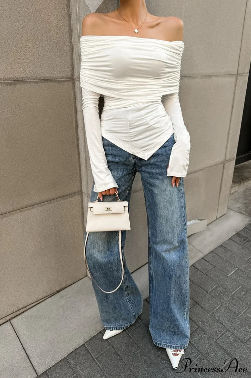 White Off Shoulder Modal Long Sleeve Tee image 2