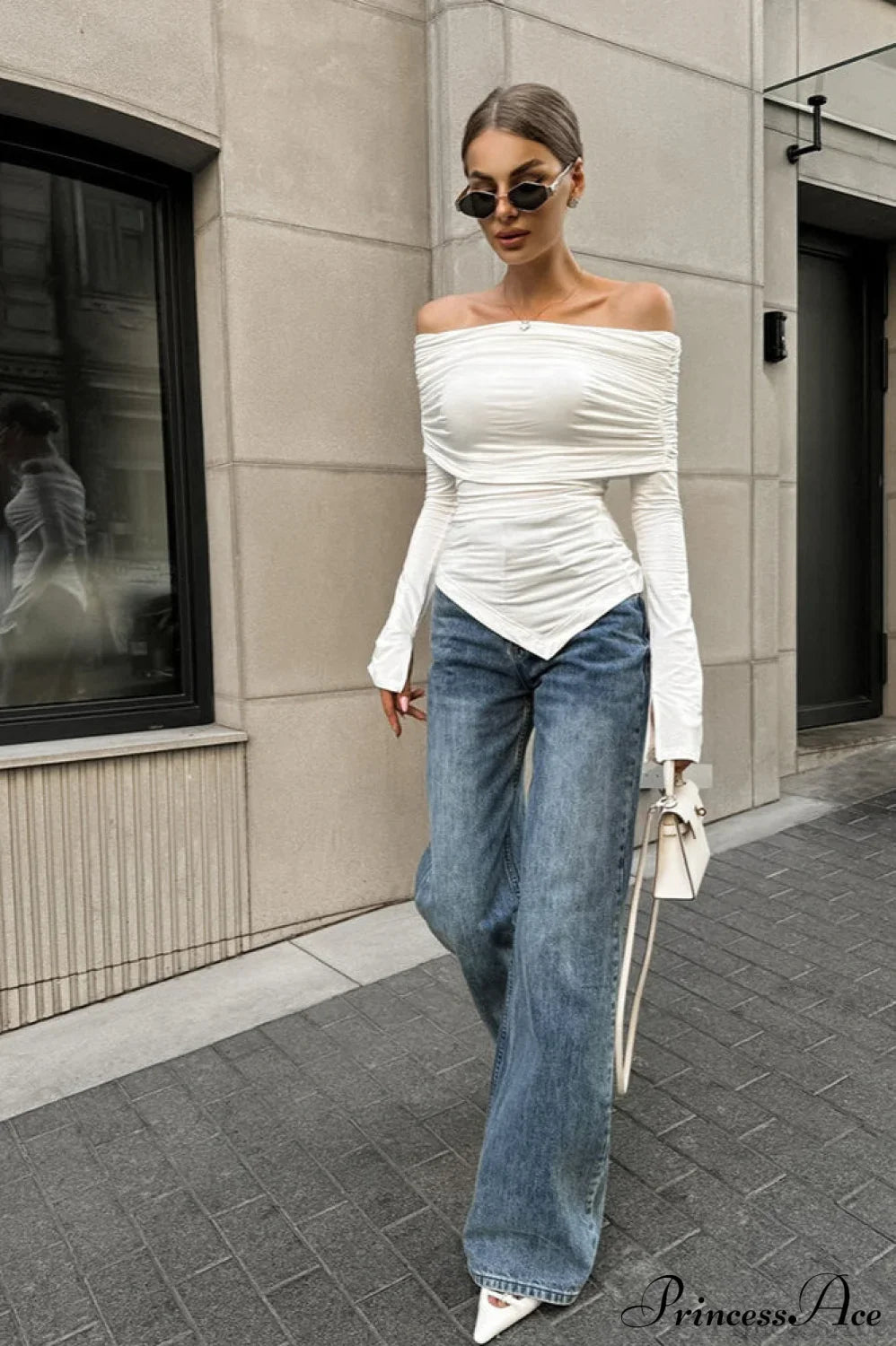 White Off Shoulder Modal Long Sleeve Tee image 3