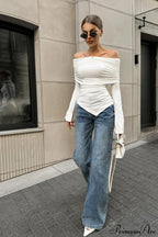 White Off Shoulder Modal Long Sleeve Tee image 3