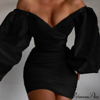 White Off Shoulder Puff Long Sleeve Satin Dress image 3