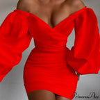 White Off Shoulder Puff Long Sleeve Satin Dress image 2