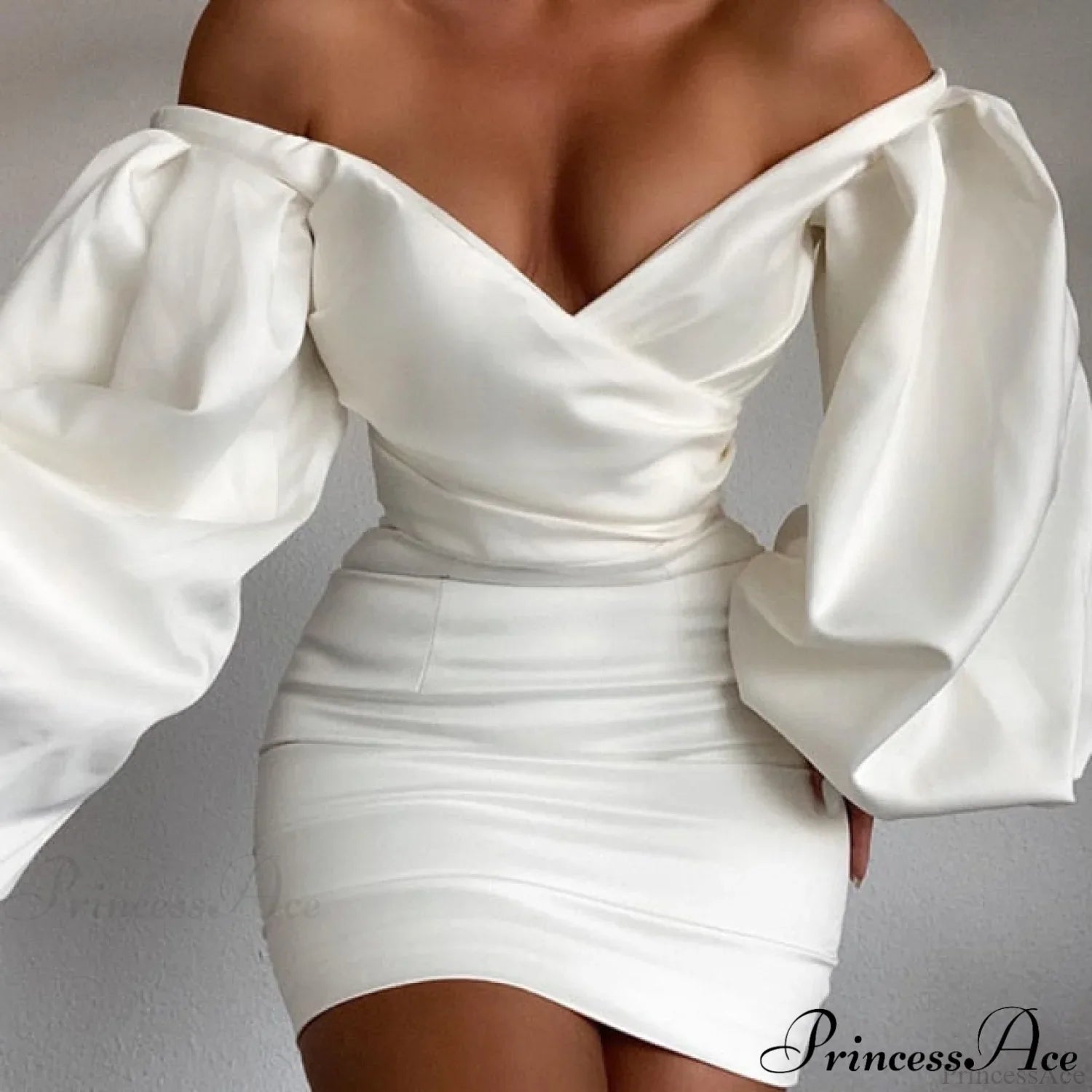 White Off Shoulder Puff Long Sleeve Satin Dress image 4