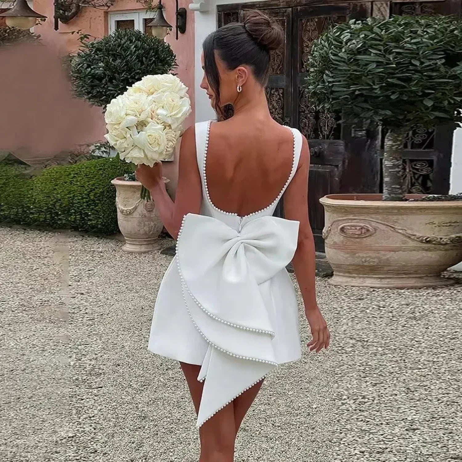 White Pearl Backless Party Dress image 14