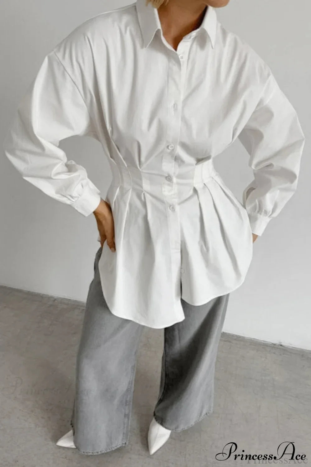 White Pleated Waist Slim Blouse image 3