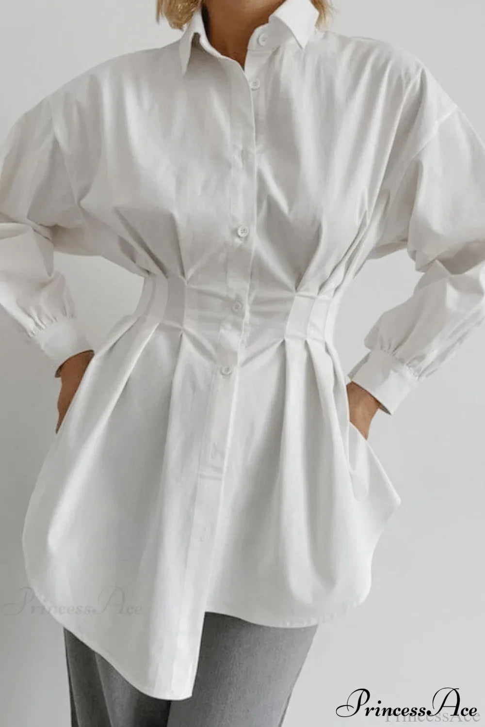 White Pleated Waist Slim Blouse image 2