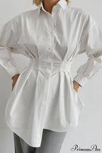 White Pleated Waist Slim Blouse image 2