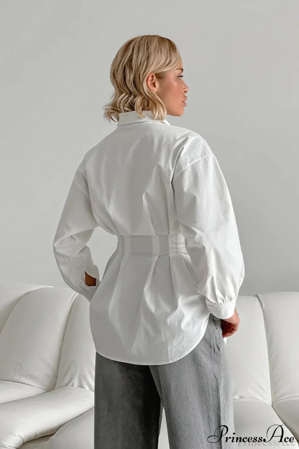 White Pleated Waist Slim Blouse image 4