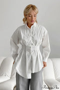 White Pleated Waist Slim Blouse image 1