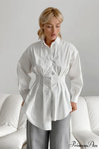 White Pleated Waist Slim Blouse image 1