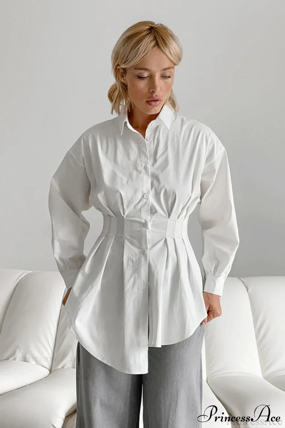 White Pleated Waist Slim Blouse image 1