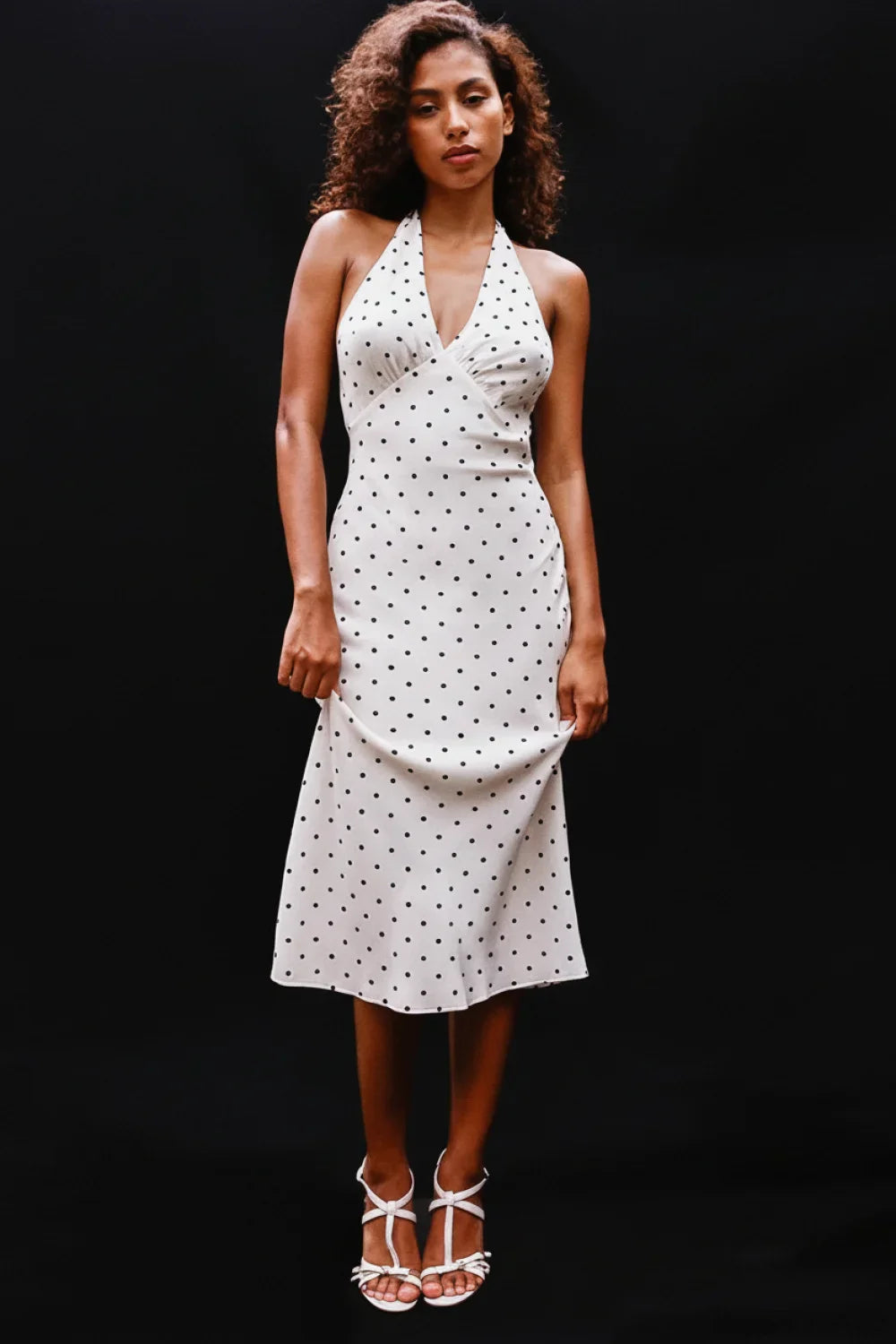 White Polka Dot Halter V-Neck Maxi Dress image 4