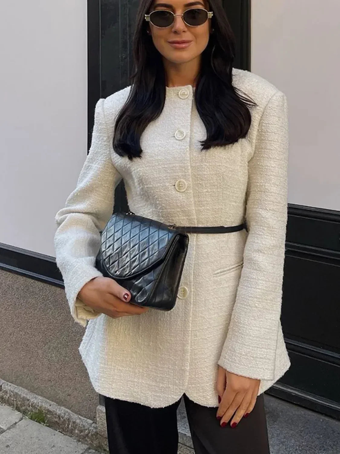 White Round Neck Single Breasted Coat image 3