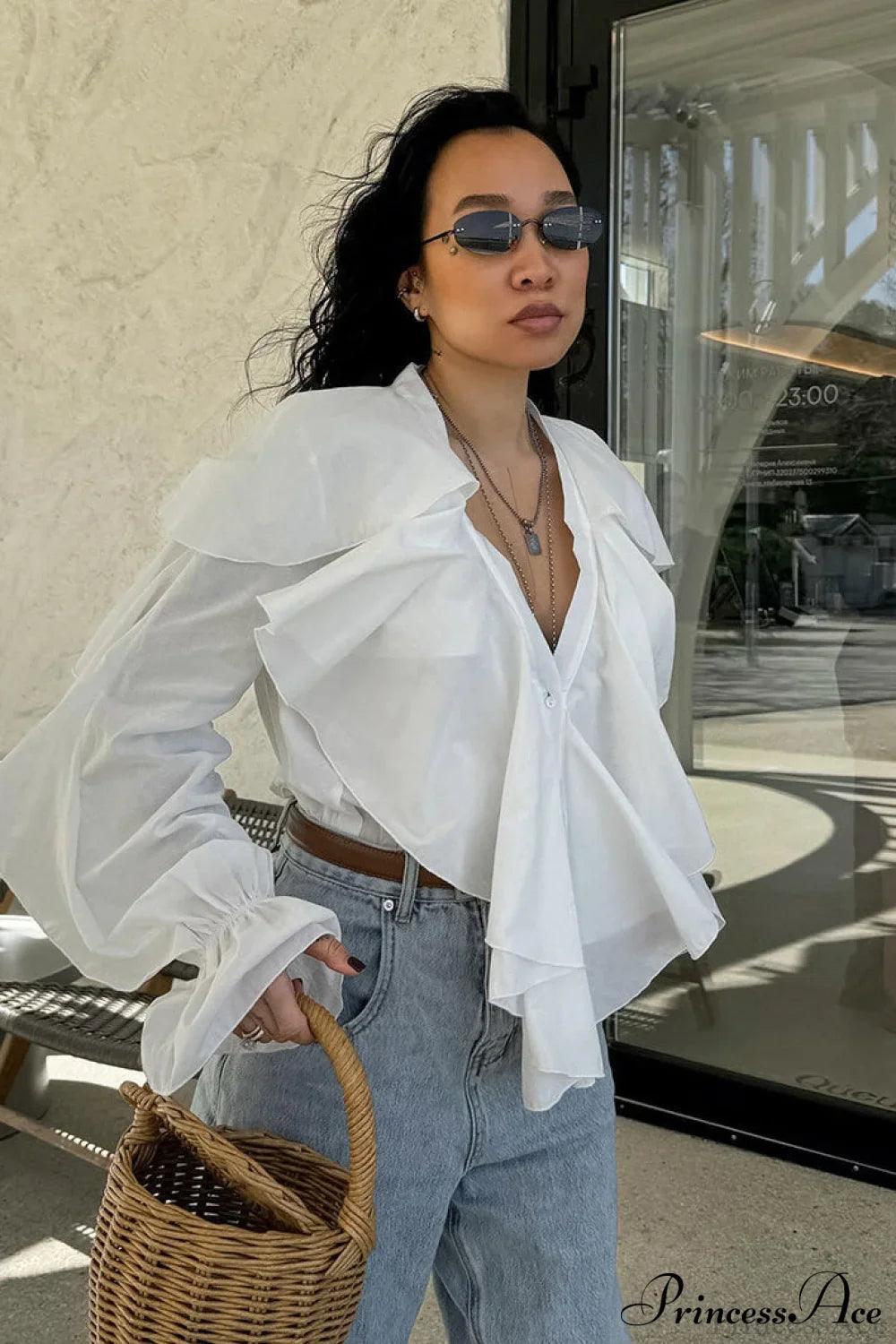 White Ruffled V Neck Flared Sleeve Blouse image 3