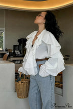 White Ruffled V Neck Flared Sleeve Blouse image 2